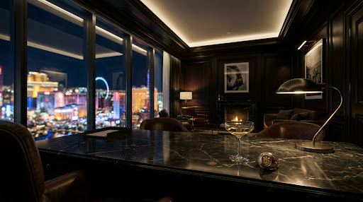 Luxurious dark boardroom with city view