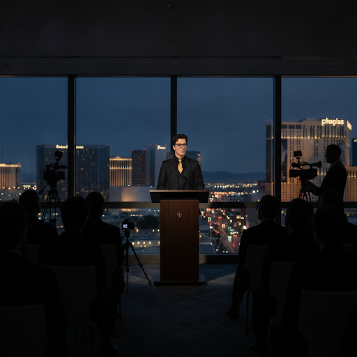 Cinematic shot of Vincent Vegas speaking at a corporate gala with a city skyline background.